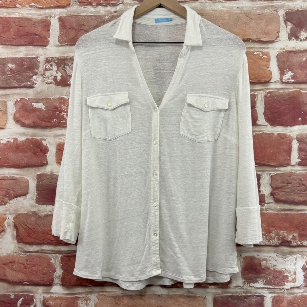 J McLaughlin Top Women's XL Plain White Linen Blend Beachy Slubbed Casual Shirt